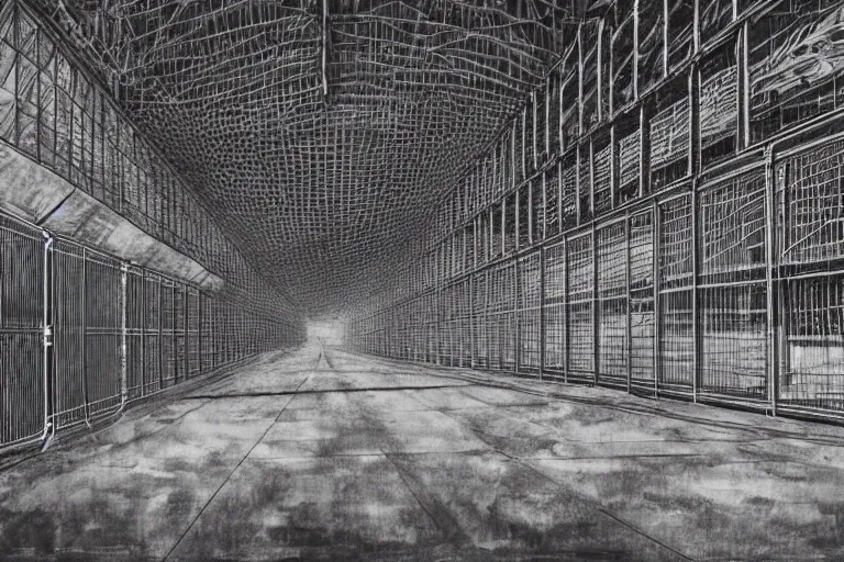 Image similar to very empty very dark cargo hall and large corridors of huge huge space ship containing rows of cages with strange animals ultra detailed photorealistic rendering chiaroscuro painting