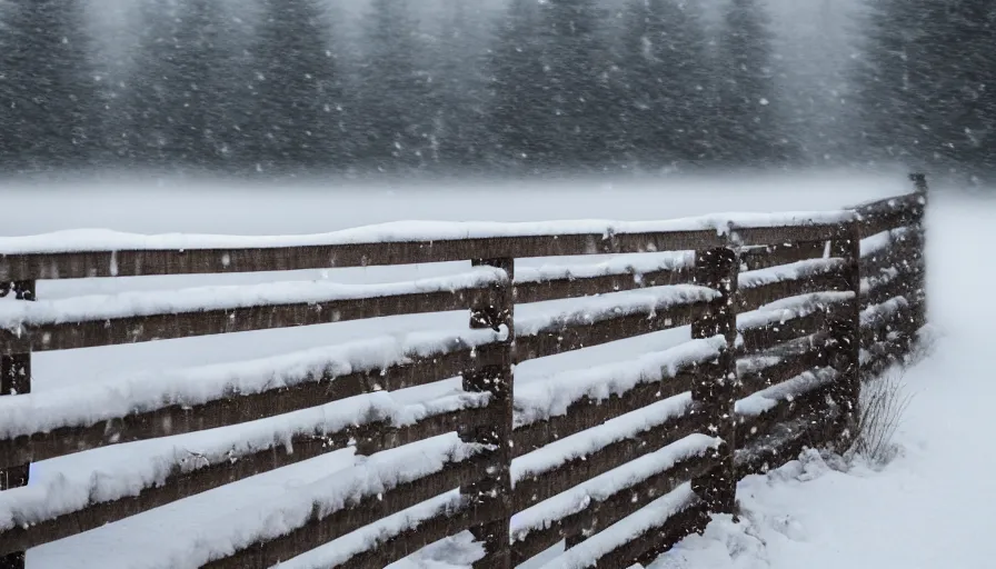 Image similar to wooden guardrails covered by snow in beautiful winter landscape. fog, snowstorm, photorealistic rendering, octane, depth of field, blurry