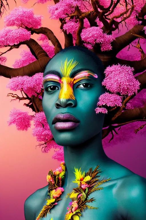 Image similar to high quality photo neo - rococo cinematic super expressive! yoruba goddess with exoskeleton armor, merging with tree in a forest, pink yellow flowers, highly detailed digital art masterpiece, smooth etienne sandorfi eric zener dramatic pearlescent soft teal light, ground angle hd 8 k, sharp focus