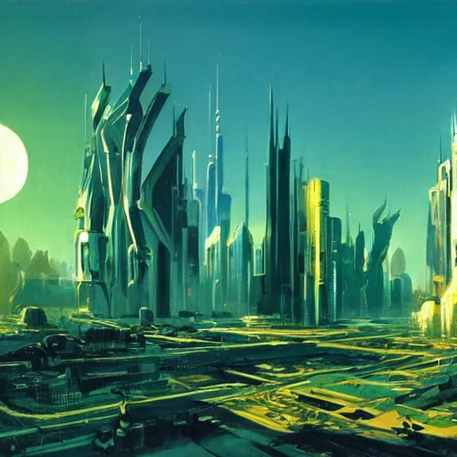 Image similar to Sci-fi cityscape with green gardens, cinematic angle, cinematic lighting, blue sky, sun in the sky, by Syd Mead, John Harris, Federico Pelat