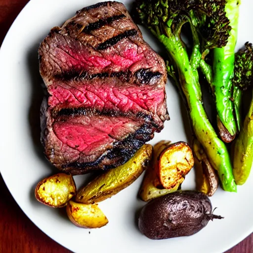 Image similar to pan seared ribeye, roasted fingerling potatoes, and grilled brocolli