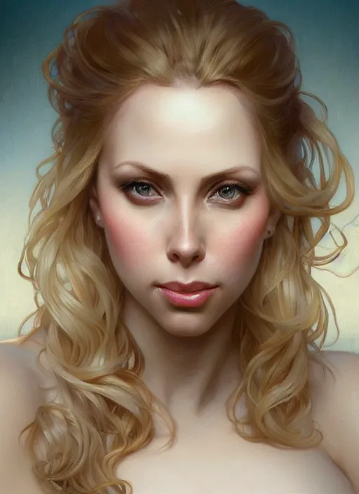 Image similar to beautiful portrait of blonde gianna michaels, by magali villeneuve and greg rutkowski and artgerm and alphonse mucha, intricate, elegant, highly detailed, photorealistic, trending on artstation, trending on cgsociety, 8 k, sharp focus