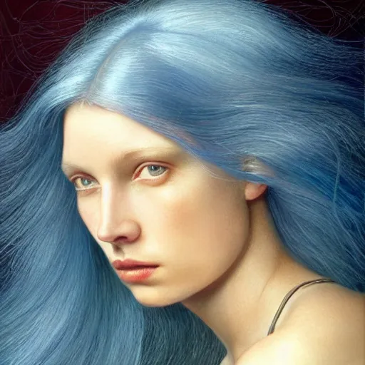 Image similar to A beautiful portrait of a woman with iridescent skin by James C. Christensen, scenic environment and blue hair