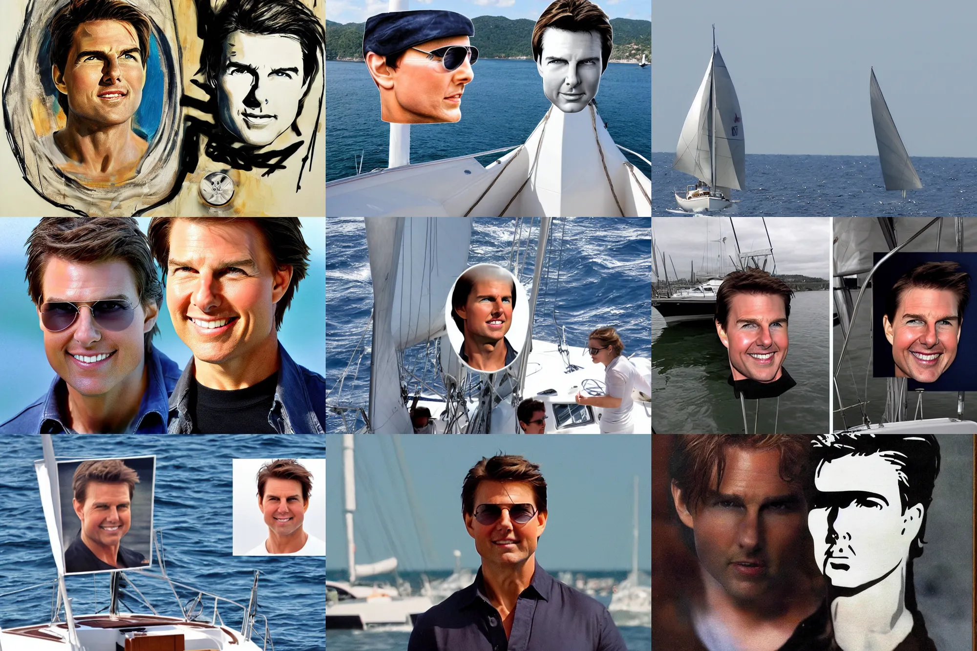 Prompt: sailboat with tom cruise head as sail