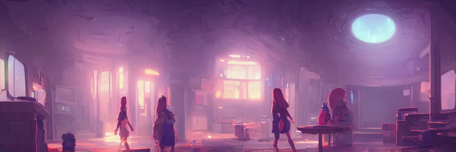 Prompt: dimly lit, theater access corridor background, 3 doors, day of the tentacle style, fish eye, by Makoto Shinkai and Wojtek Fus, by studio trigger, rossdraws, ambient occlusion, clean lineart and color, vibrant