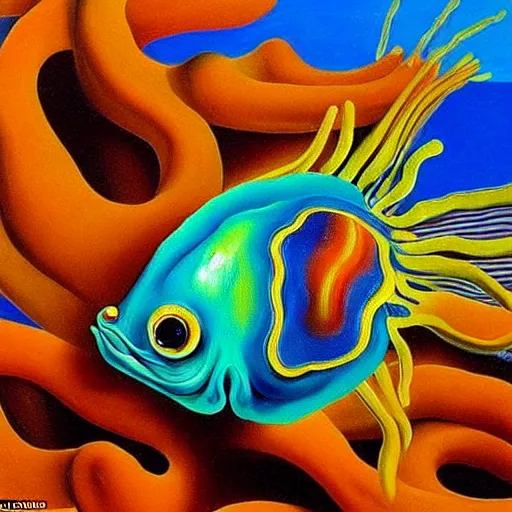 Image similar to oil painting of caramel cornstar fish by salvador dali, highly detailed, painted by someone who paints with their toes