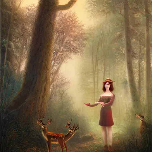 Prompt: a painting of a woman standing in a forest with deer, a storybook illustration by louise abbema, cgsociety, magical realism, reimagined by industrial light and magic, volumetric lighting, cinematic lighting