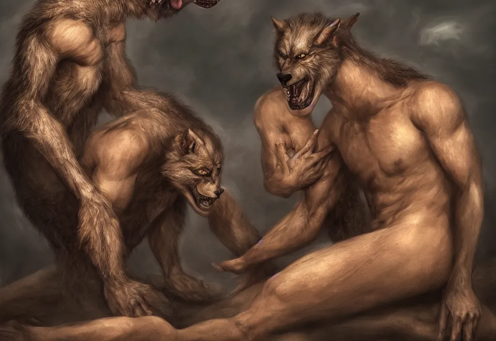 Image similar to Portrait of a two-headed werewolf sitting down, detailed face, bare thighs, fantasy, highly detailed, cinematic lighting, digital art