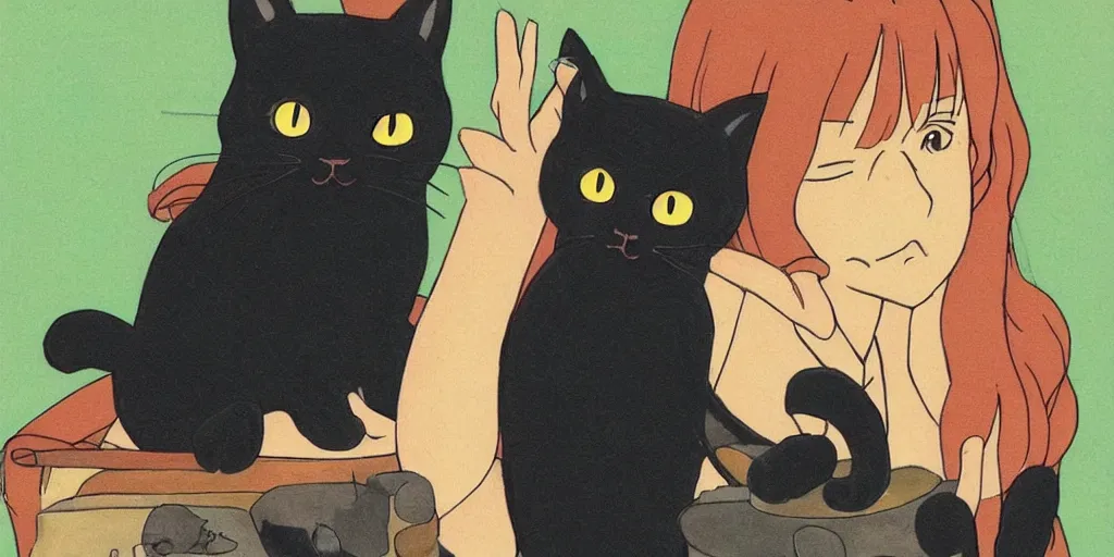 Image similar to a cute black cat by Studio Ghibli