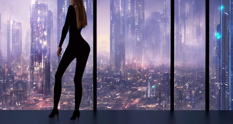 Prompt: back of woman wearing stylish black minidress looking out a penthouse window at a panoramic view of a cyberpunk city at night, bokeh lights, artstation trending, matte painting, concept art