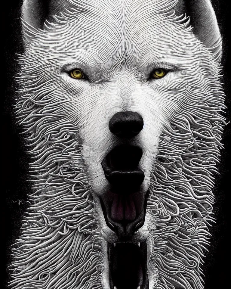 Prompt: ultra realist intricate detailed portrait of a white wolf that growls, insanity, accurate features, apocalyptic, very intricate details, 8 k resolution, dim lighting, volumetric lighting, artstyle, zdzisław beksinski and keith thompson, award winning