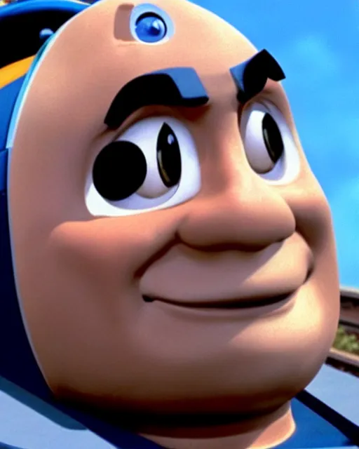 Image similar to Film still close-up shot of Dwayne Johnson as the Thomas the Tank Engine from the movie Thomas and the Magic Railroad. Photographic, photography