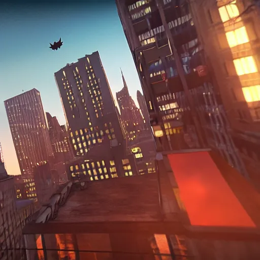 Image similar to Batman on a rooftop in NYC, at dawn, fighting off a blood thirsty group of Teletubbies. 4K, ultra HD, Rendered in Unreal Engine 5.