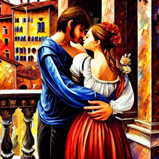 Prompt: highly detailed painting of shakespeare's romeo and juliet in the city of verona, italy. intricate, high quality oil painting artstyle, in the style of leonid afremov, deviantart, figurative art, deviantart, ilya kuvshinov, lovecraftian, very detailed face, portrait