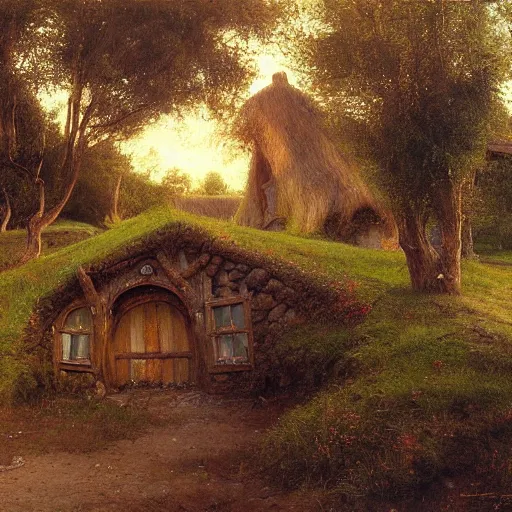 Image similar to Hobbiton painted by Ivan Kramskoi