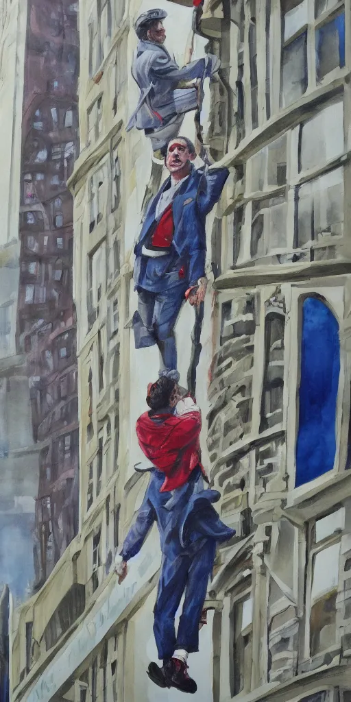 Prompt: oli painting of Seventh Doctor climbing a tall building