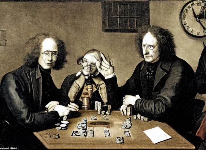 Image similar to family photo of isaac newton and stephen hawkins an einstein playing poker in an old west saloon in the style of norman rockwell