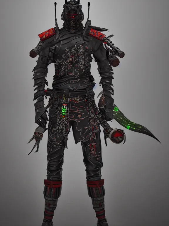 Image similar to full body front view portrait of, cyberpunk druidic ninja samurai, character design, correct anatomy, made in blender, octane render, ray tracing, ultra detailed, fantasy, intricate and highly detailed, with lots of colour, pose, sharp focus,