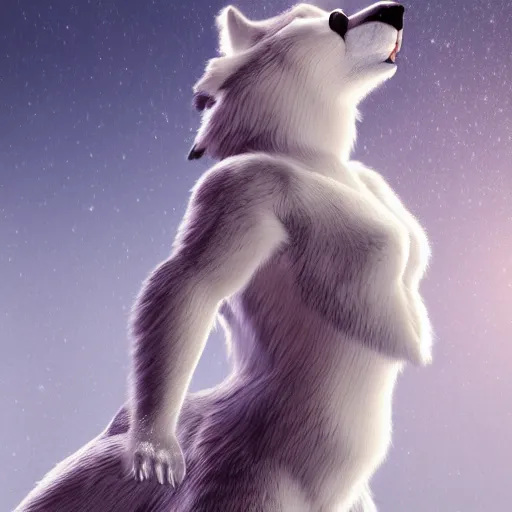 Image similar to 3 d render, well toned, large, female anthropomorphic wolf, blue fur with white spots, icey blue dress.