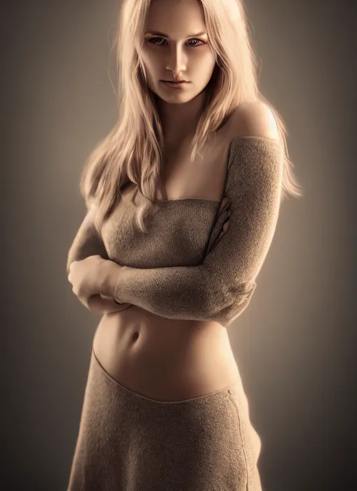 Prompt: a gorgeous norwegian female photo, professionally retouched, soft lighting, realistic, smooth face, full body shot, torso, dress, perfect eyes, sharp focus on eyes, 8 k, high definition, insanely detailed, intricate, elegant, art by mark litvokin and artgerm and mark hall