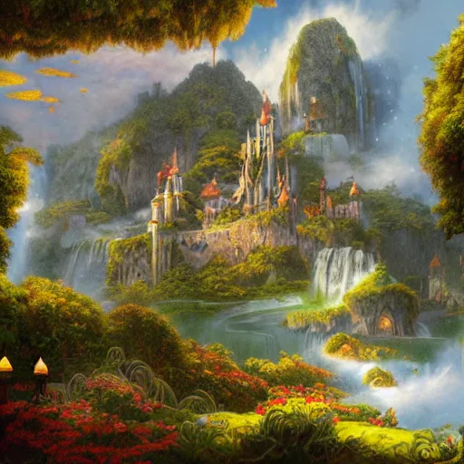 Image similar to realistic detailed view of neverland by terance james bond, russell chatham, greg olsen, thomas cole, james e reynolds, photorealistic, fairytale, art nouveau, illustration, concept design, storybook layout, story board format