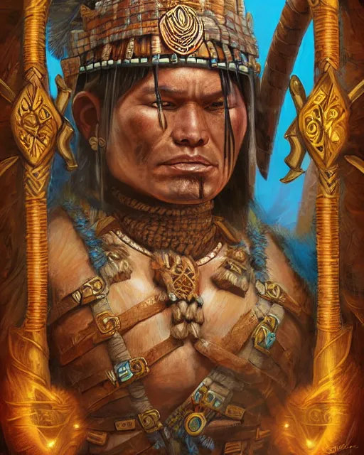 Prompt: digital painting of a mayan warrior by filipe pagliuso and justin gerard, symmetric, fantasy, detailed, intricate, portrait, sharp focus, tarot card