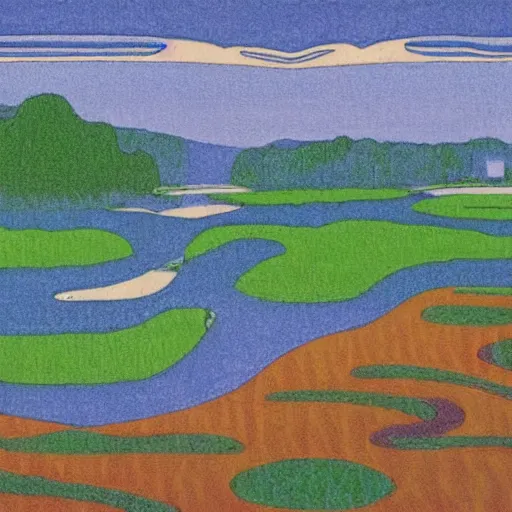 Prompt: a river scene. The river is represented by a line winding through the center of the land art. The banks of the river are represented by two lines, one on each side. Studio Ghibli by John Duncan saturated, improvisational