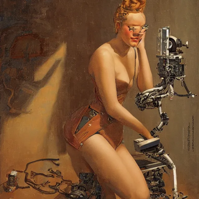 Image similar to robot artist painting a self - portrait on a canvas. intricate, highly detailed, digital matte painting, in the style of alexandros pyromallis, and in the style of hans thoma, and in the style of gil elvgren. irony, recursion, inspiration.