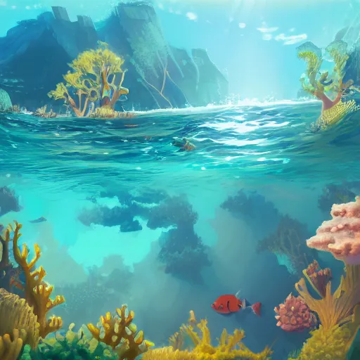 Image similar to a detailed illustration a idyllic underwater ocean scene by Alex Hirsch, trending on artstation, cgsociety, deviantart