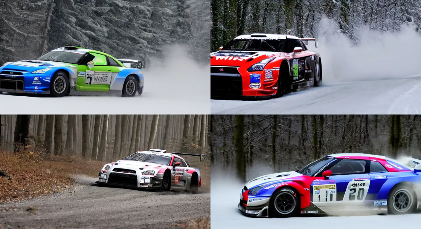 Prompt: a 2 0 0 8 nissan gt - r super gt, racing through a rally stage in a snowy forest