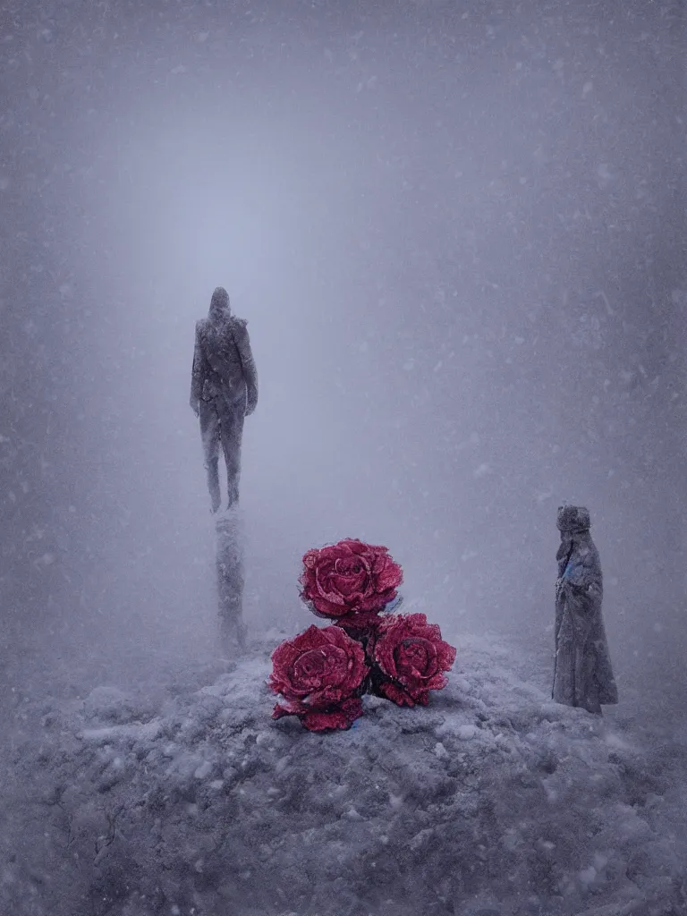 Prompt: shameful roses bloom in the snow, blender, super detail, 8 k, art station, extreme long shot, by zdzislaw beksinski