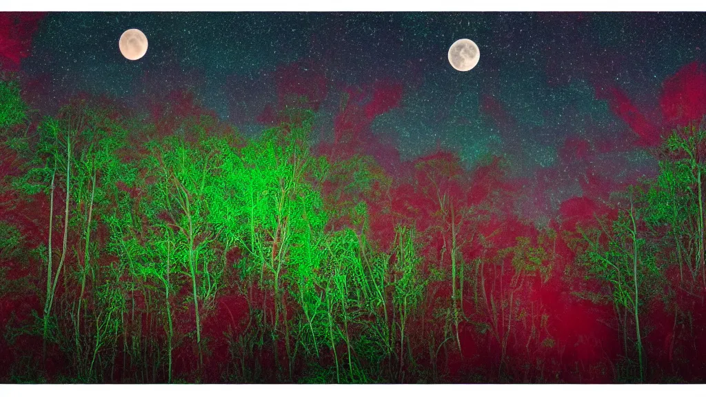 Image similar to (((psychedelic))) 8k ultra realistic night time photography of a mystical cosmic night sky with red smoke and a perfect huge full moon, A glimpse through a small gap in the dark green foliage and overgrowth and the trees of the huge gibbous full moon over water in a dark sky. wreathed in red smoke!!!, starlight, night-time, dark enclosed, cozy, quiet forest night scene, spangled, cosmic