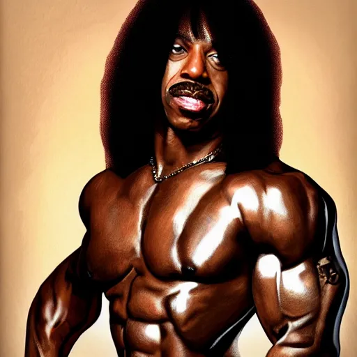 Image similar to Rick james with the physique of a body builder, hyper realistic, ultra detailed, cinematic, dynamic lighting, refined, intricate, digital painting, masterpiece, 8k