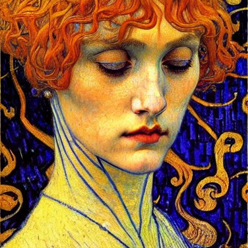 Image similar to detailed realistic beautiful young medieval queen face portrait by jean delville, gustav klimt and vincent van gogh, art nouveau, symbolist, visionary, gothic, pre - raphaelite