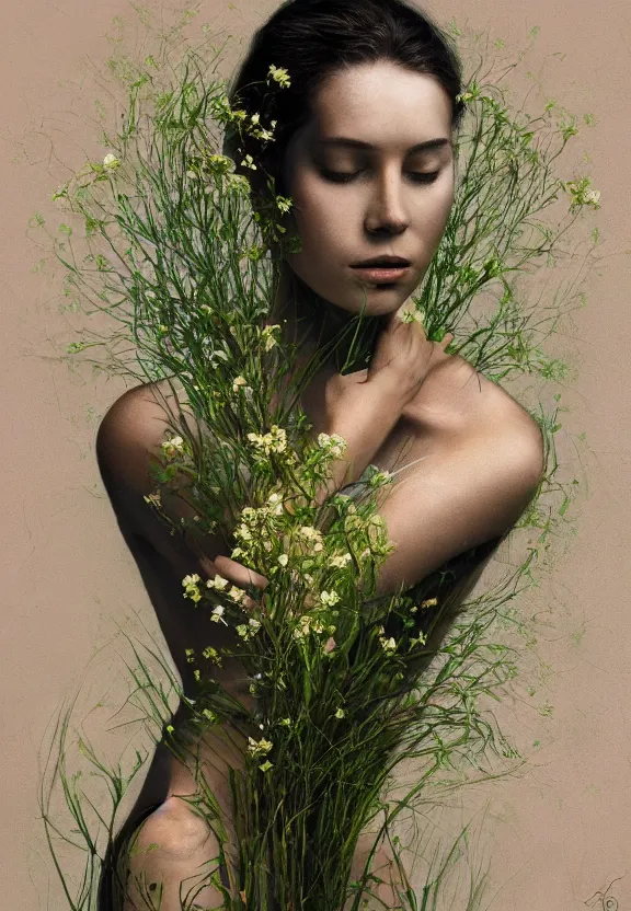 Prompt: female figure with grass flowers and leaves growing from her skin, black background, hyperrealistic painting, artificial light, serene, quiet, dreamy, mysterious