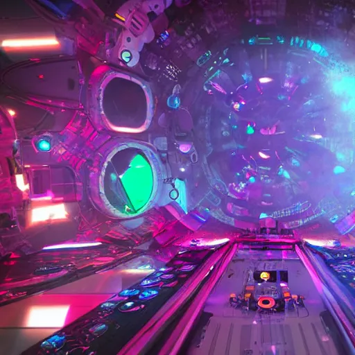 Image similar to hologram dj rave in the interior of an international space station. giant robotic mech particle accelerator. huge music festival with wall of sound. photorealistic 35mm 4k octane render