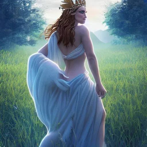 Image similar to a radiant greek mythology goddess walking in a beautiful field, mountains in the distance, medium shot, jewelry, crown, confident, gorgeous, stunning, dramatic lighting, detailed, very realistic, trending on Artstation, Cgsociety