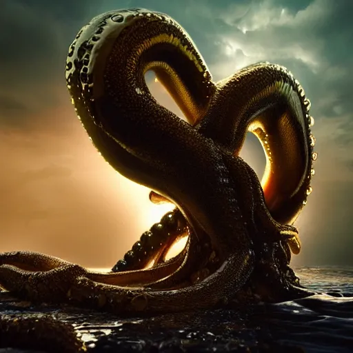 Prompt: giant wet glistening medusa octopus chimera, dripping mucus from its tentacles, ocean, storm, mist, low key dramatic lighting, octane render, in the style of sam shearon