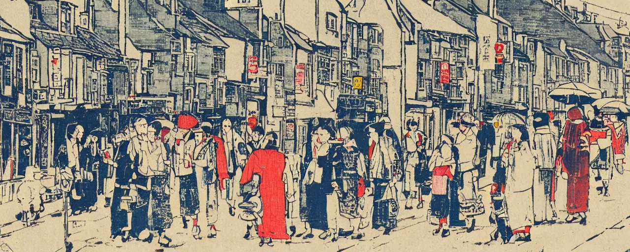 Prompt: a painting of street life in kirkwall orkney, color japanese Woodcut