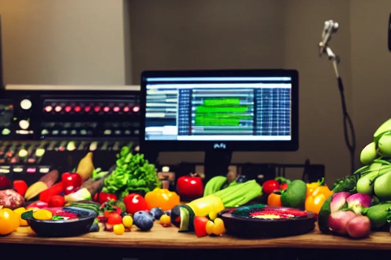 Image similar to film still of fresh fruits and vegetables making beats in the studio on an mpc