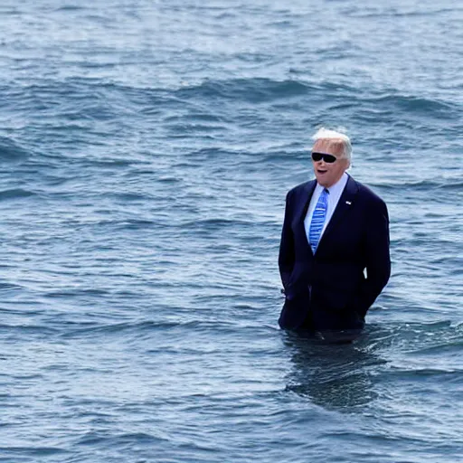 Image similar to a far away shot of Joe Biden in the ocean