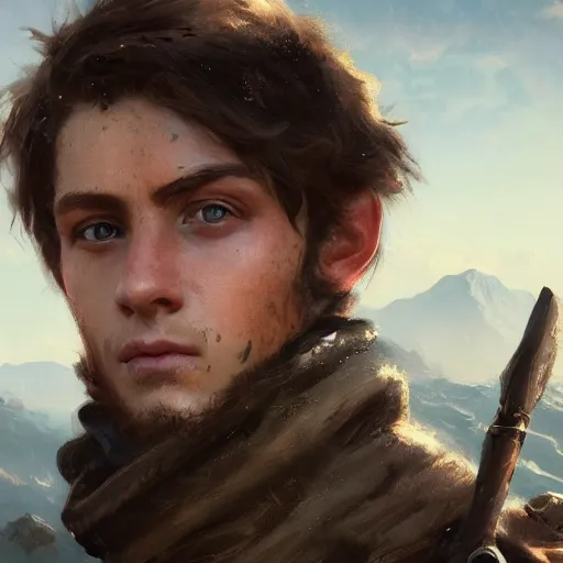 Prompt: masterpiece closeup portrait of a young man with short brown hair and blue eyes, wearing adventuring gear, by Greg Rutkowski, 4k, masterpiece, matte painting, detailed