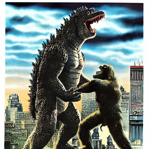 Image similar to godzilla fighting king kong in new york, detailed