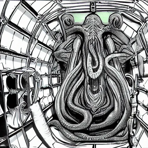 Image similar to scientists watching a clone of cthulhu in culture capsule, bio chemical, hyperealistic, detailed photography, divinity, awful, sci - fi, green light