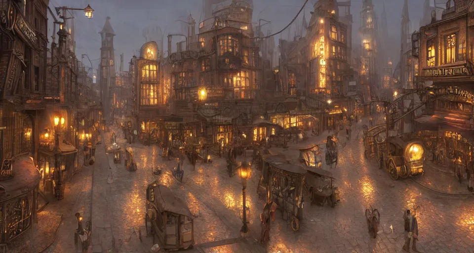 Image similar to steampunk city streets by ted nasmith, octane render, trending on artstation