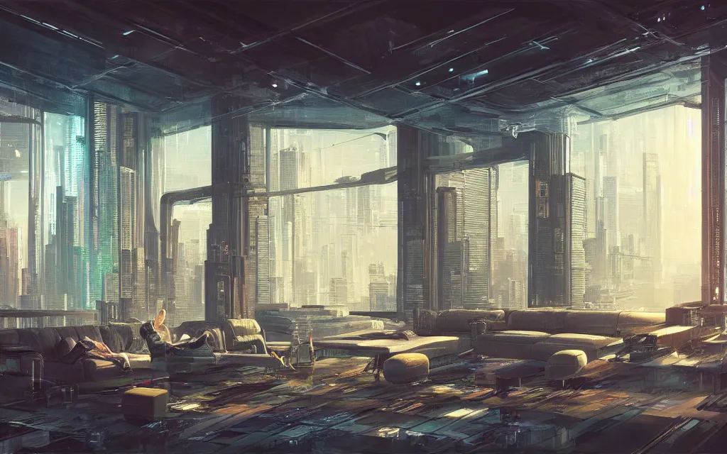 Image similar to cyberpunk loft lounge with tall windows, no people, city in background, drawn by feng zhu, sparse plants, dim painterly lighting volumetric aquatics, impasto