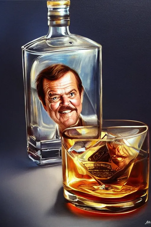 Image similar to a ship in a bottle but instead of a ship it is jack nicholson in the bottle, a young jack nicholson, fancy whiskey bottle, masterpiece painting by artgerm and tom bagshaw