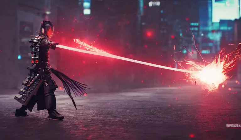 Prompt: cyberpunk samurai walking with his katana away of a explosion, close shot, 8k, cinematic, epic, ultra detailed, award winning, trending on artstationHD, dramatic