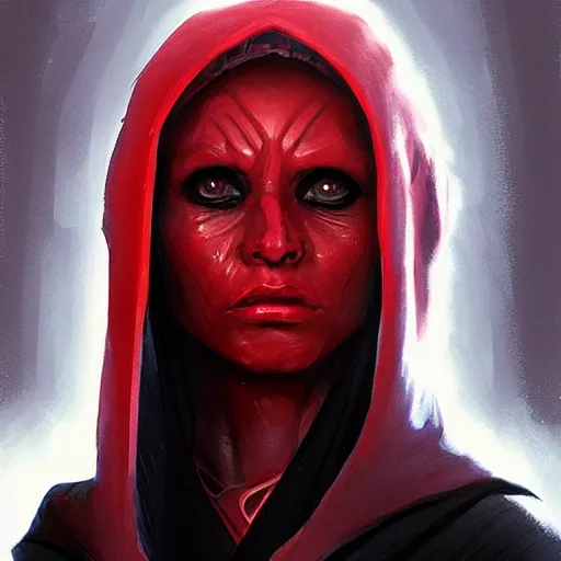 Image similar to portrait of a woman by greg rutkowski, young sith knight darth talon, red and black skin, star wars expanded universe, wearing black robes, she is about 2 0 years old, highly detailed portrait, digital painting, artstation, concept art, smooth, sharp foccus ilustration, artstation hq