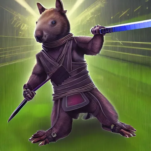 Image similar to wombat in cybernetic ninja gear wielding a samurai sword, realize digital art, 4 k